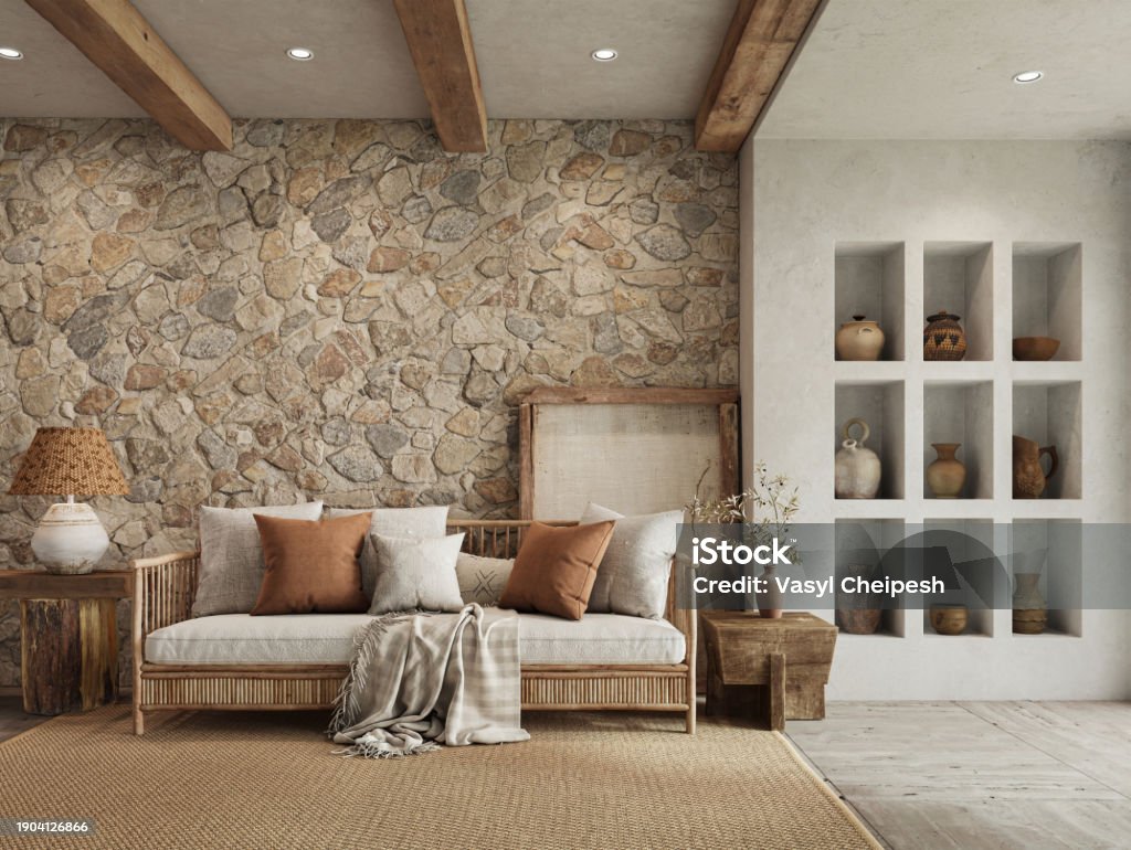 Warmes Interieur im Wabi-Sabi-Stil mit Steinmauer und gemütlichen Holzmöbeln. Ethnische Wohnkultur, Wandmodell, 3D-Rendering